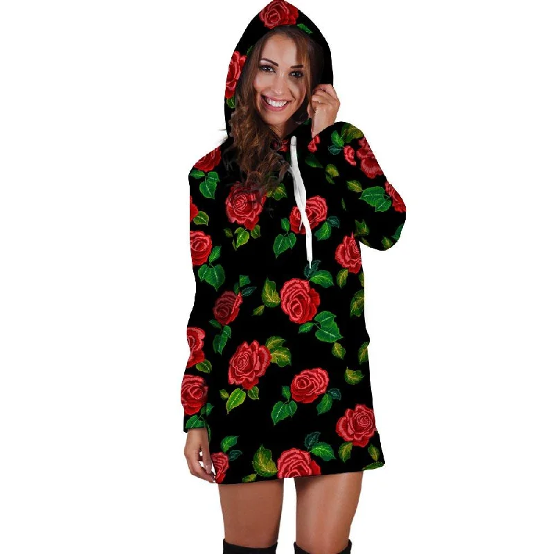 Embroidery Red Rose Floral Print Hoodie Dress