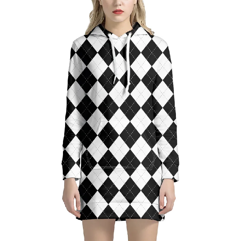 White And Black Argyle Pattern Print Pullover Hoodie Dress