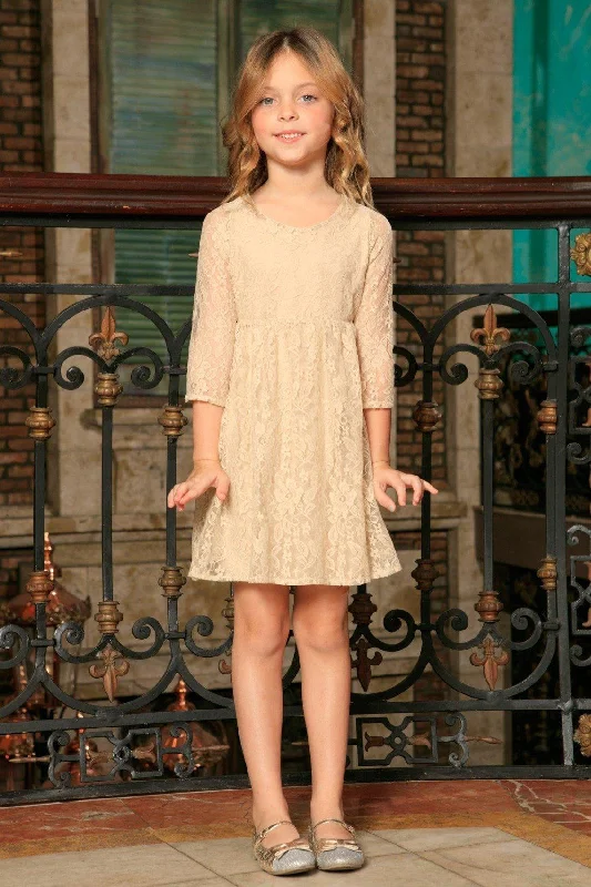 Beige Stretchy Lace Empire Waist Three-Quarter Sleeve Dress - Girls