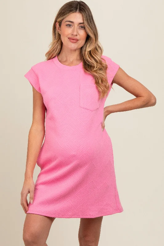 Pink Front Pocket Line Textured Short Sleeve Maternity Dress