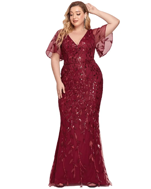 Shiny V Neck Leaf-Sequined Bodycon Formal Evening Dresses | Burgundy